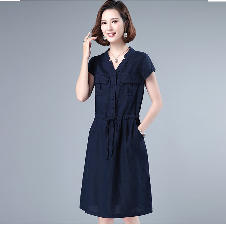 Đầm dáng xòe rút eo linen 2 túi ốp, chất vải linen mềm mát, thời trang xuân hè 2021 - Xanh than