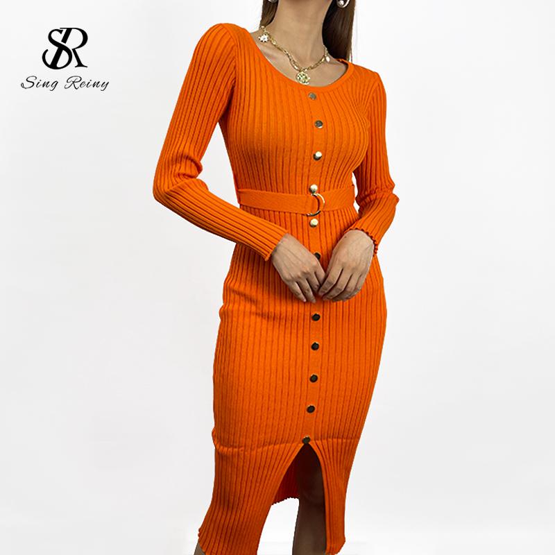 SINGREINY Nữ Thun Đầm Dệt Kim Tay Dài Cổ Tròn Nút Dây Mỏng Vỏ Áo Thu Gợi Cảm Bodycon Chia Đầm Ngắn