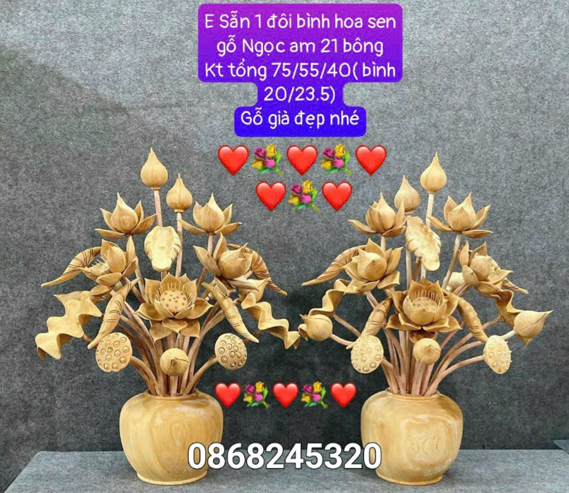 2 bình hoa sen 21 cành phong thủy trang trí phòng khách phòng thờ bằng gỗ ngọc am thơm nức ,đẹp long lanh