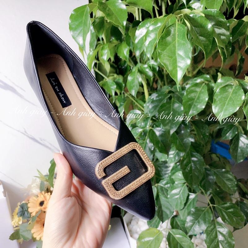 GB62 - Giày bệt nữ đế bằng, giày búp bê da lì mũi nhọn nơ khoá chữ G đế cao su dẻo phù hợp đi làm, đi chơi, đi học