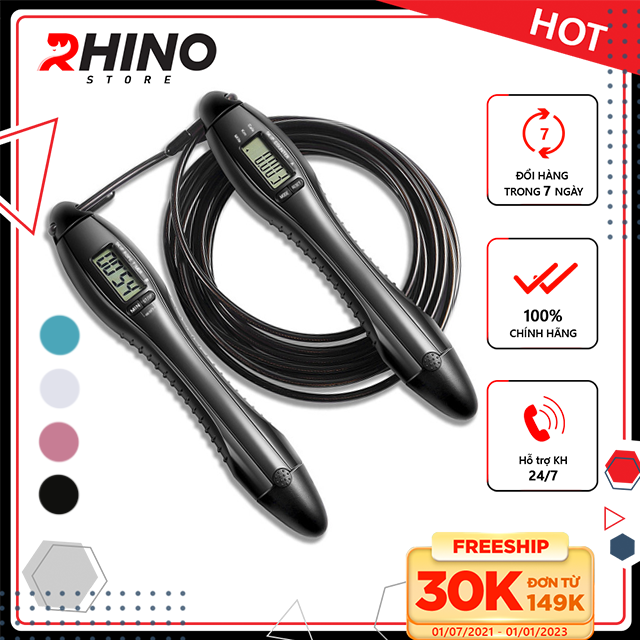 Dây nhảy thể thao lõi thép cao cấp Rhino J601 tự động đếm số, đếm giờ, tích hợp đo calo, quãng đường, độ dài dây tùy chỉnh - Dùng cho Muay | Boxing | Kickboxing - Hàng chính hãng