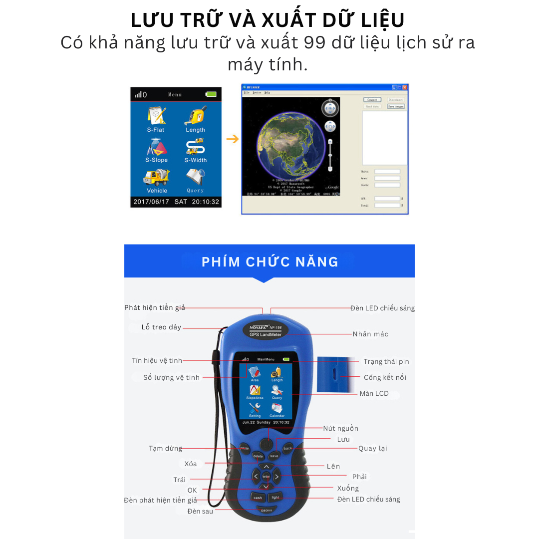 Thiết bị đo đạc GPS NF-198: Độ chính xác cao, màn hình màu lớn, tính năng đo diện tích và chiều dài đa dạng, tích hợp Maps, sử dụng trong môi trường tối và pin sạc lithium bền bỉ – giải pháp toàn diện cho đo lường đất đai - Hàng Nhập Khẩu