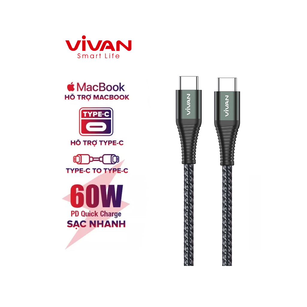 Cáp Sạc Nhanh VIVAN KPD100S Type-C to Type-C 100cm Chuẩn Sạc Nhanh PD 60W Dây Chống Gãy - Hàng Chính Hãng