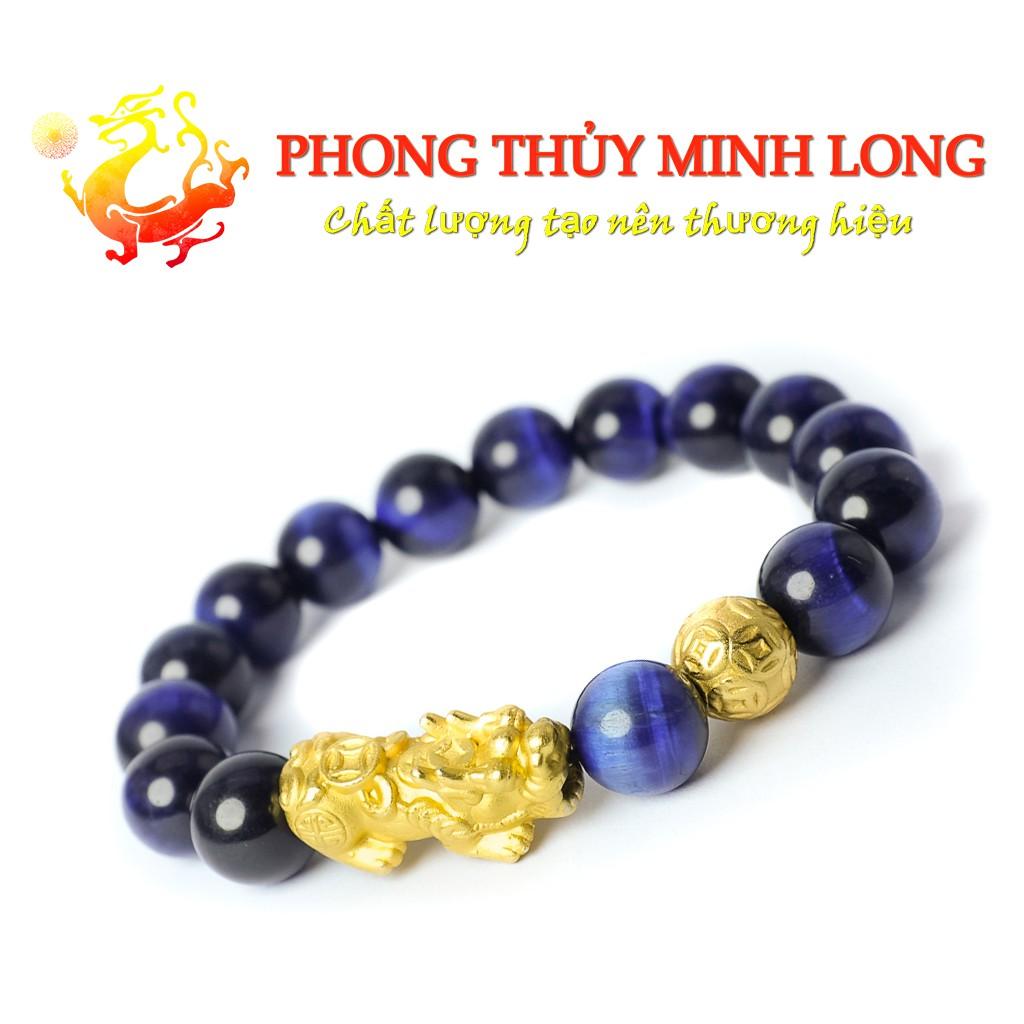 Vòng tay đá mắt hổ Xanh Dương 5A mix Tỳ Hưu và 1 hạt Kim Tiền hợp mệnh Thủy và Mộc