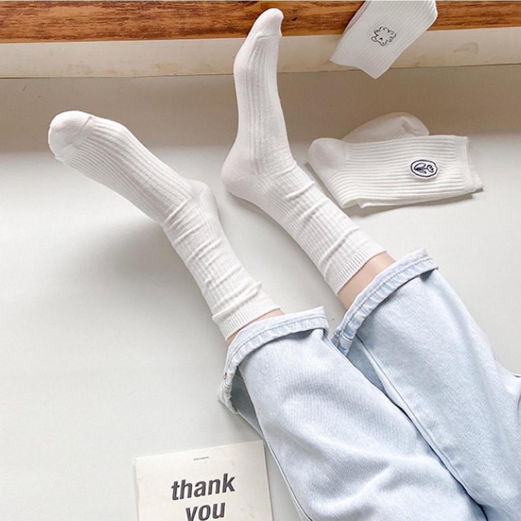 Tất Cao Cổ Nam Nữ Vớ Cao Cổ Thêu Họa Tiết Nhỏ Xinh Chất Cotton Mịn Mát Tất Trắng Lolita Cao Cổ Nữ Camcamvintage