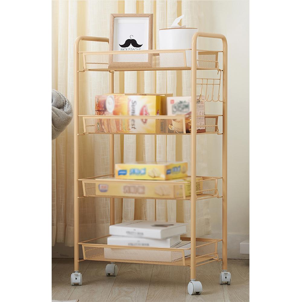 Kệ góc để đồ 4 tầng Được làm từ thép carbon có độ bền chống gỉ, chắc chắn, dễ dàng lau chùi, thiết kế 4 bánh xe