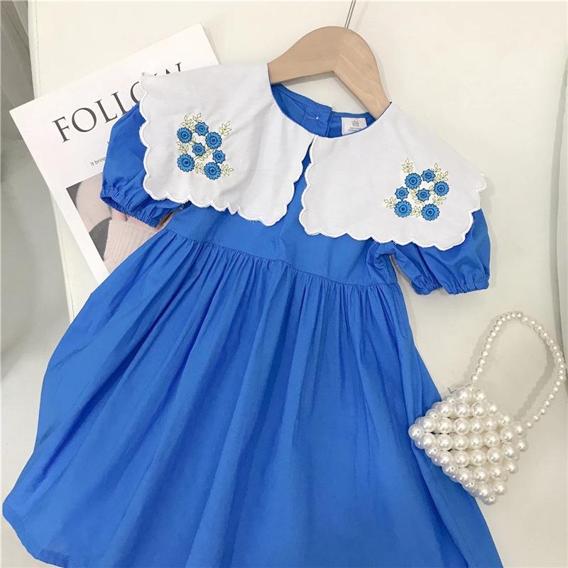 Đầm babydoll thêu hoa phong cách Hàn Quốc cho bé gái tone xanh size 12-35kg chất kate mềm mát