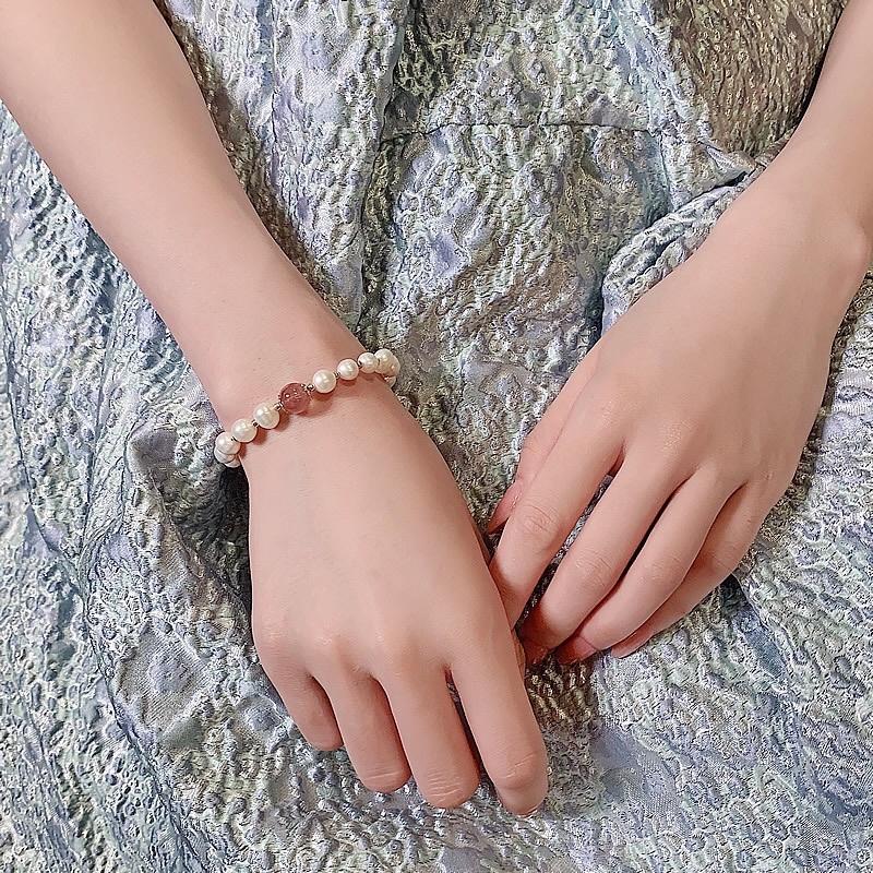 Vòng Tay, Lắc Tay Hạt Ngọc Trai Thật Nước Ngọt Titan Mix Đá Hồng Dâu - Trường Thịnh Ngọc Trai