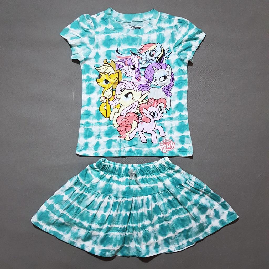 Bộ áo thun quần váy cotton loang màu mát mẻ dễ thương hình in pony unicorn bé gái