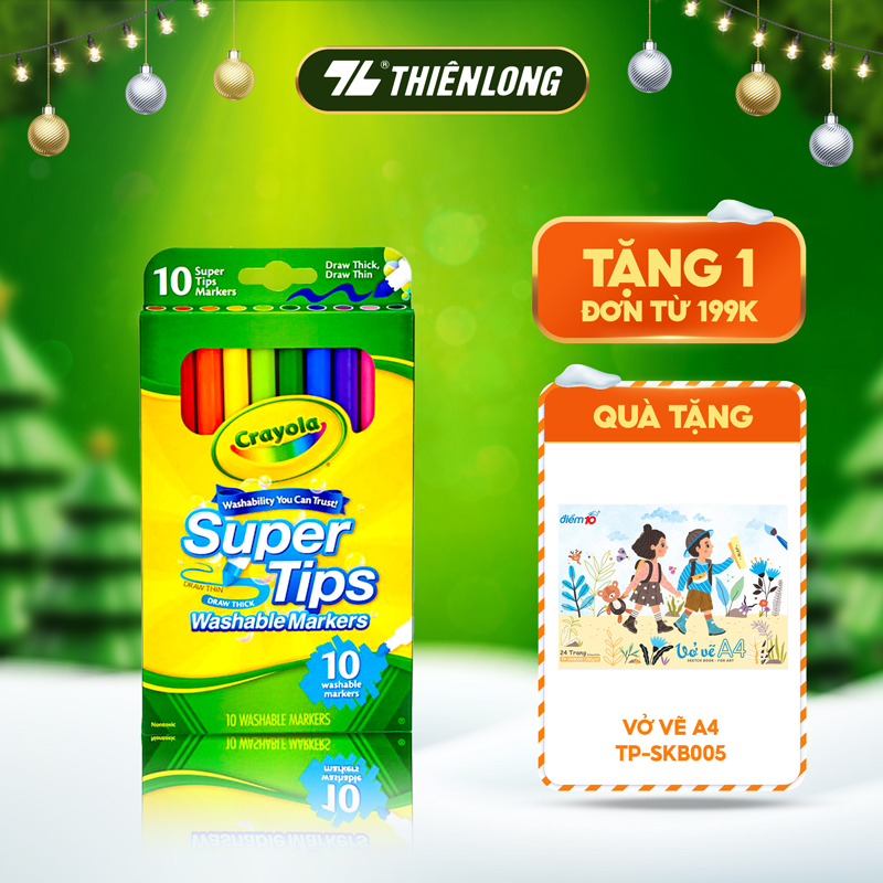 Bộ 10 màu bút lông nét mảnh - nét đậm có thể rửa được Crayola Supertips Washable Marker