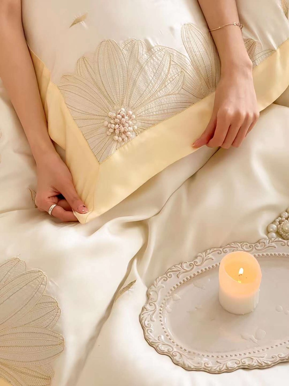 Bộ Chăn Ga Gối Đệm 5 Món Chăn Phao Lụa Tencel 80s Hin Home Bedding Drap Giường Cao Cấp