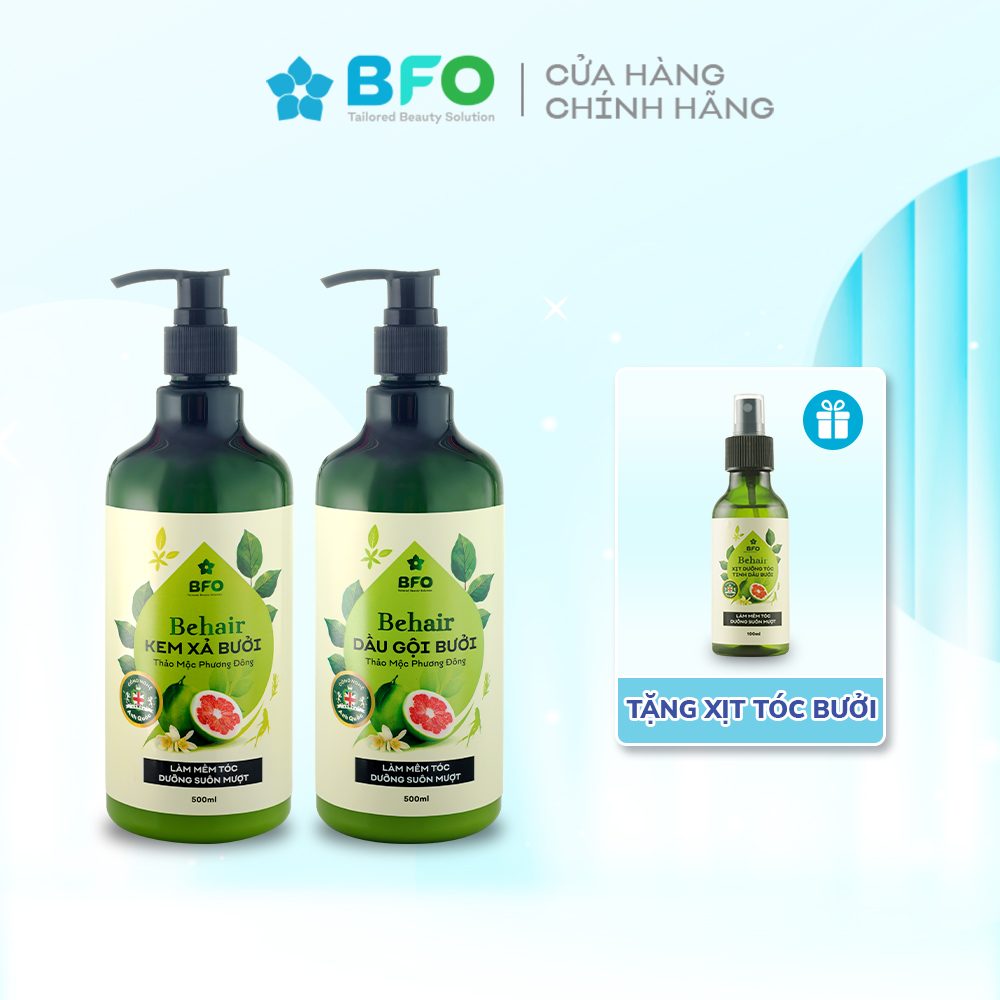 Combo Gội Xả Tinh Dầu Bưởi Thảo Mộc BFO Giảm Rụng Tóc Sạch Gàu Kích Thích Mọc Tóc 500ml ( Xịt Tóc 100ml )