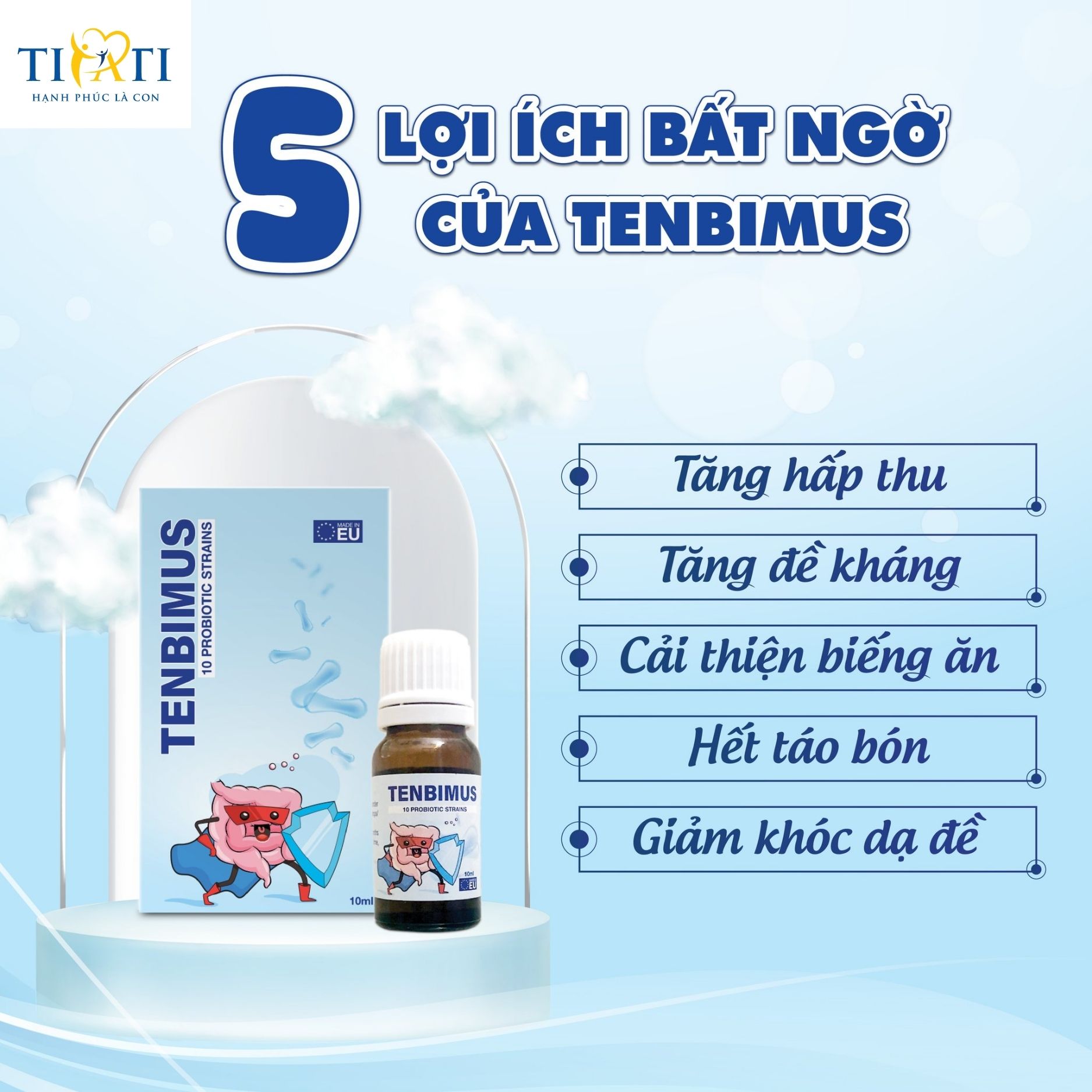 Men vi sinh TENBIMUS 10 chủng Châu Âu bổ sung lợi khuẩn, phòng ngừa rối loạn tiêu hóa, tăng cường miễn dịch cho trẻ nhỏ