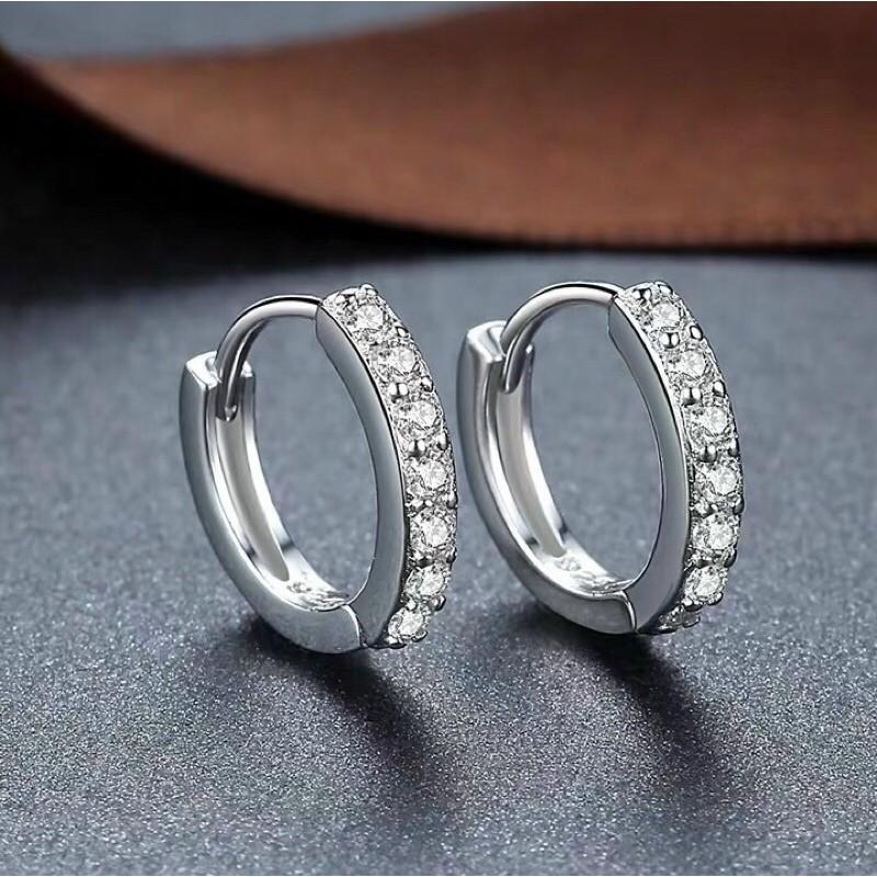 Bông tai bạc Ý khoen tròn nạm đá,Khuyên tai tròn gắn đá bạc 925