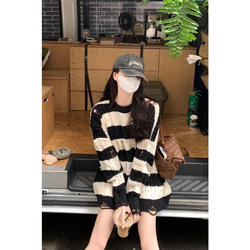 Áo Sweater Len Dệt Kim Cổ Tròn Tay Dài Dáng Rộng Họa Tiết Kẻ Sọc Ngang Phong Cách Vintage Đường Phố B-14