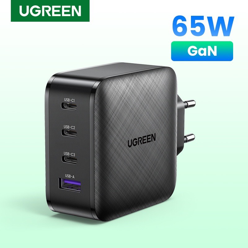 Sạc nhanh điện thoại 3 cổng USB-C và 1 USB hỗ trợ GaN 65W màu đen Ugreen (70774) hàng chính hãng