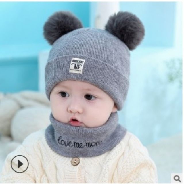 Sét mũ len 2 quả bông kèm khăn len ống cho bé