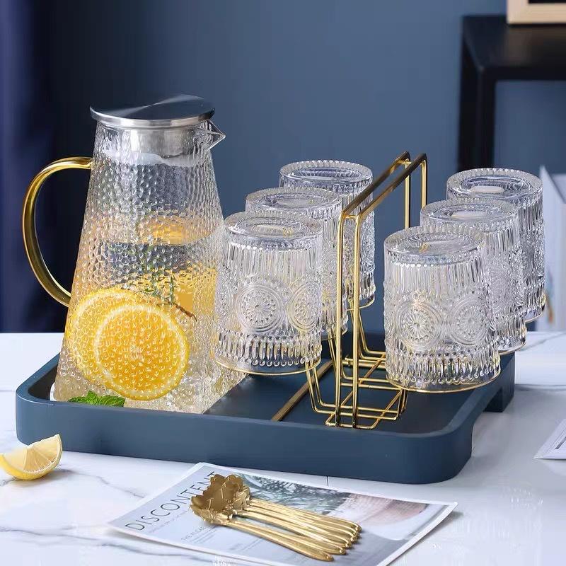 Bộ bình 6 cốc thủy tinh kèm khay và giá úp cốc