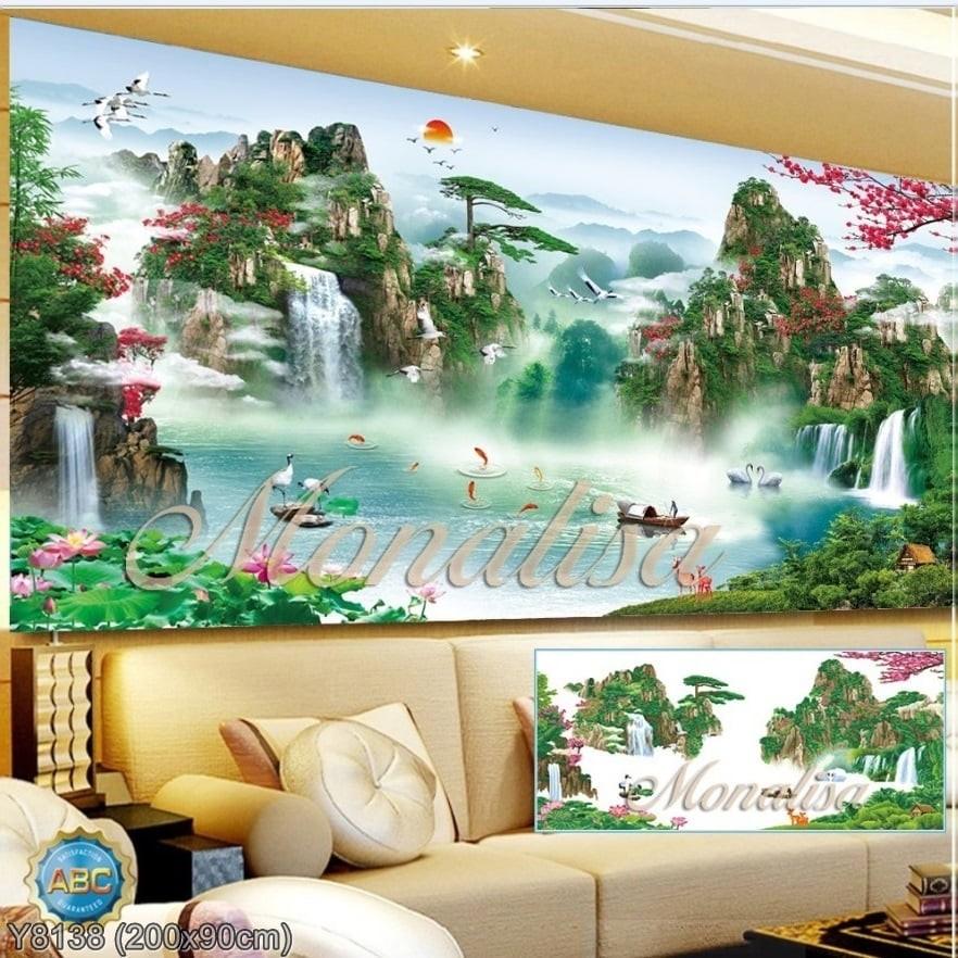 (ĐÃ ĐÍNH) Tranh đính đá thành phẩm PHONG CẢNH THIÊN NHIÊN 160X70cm