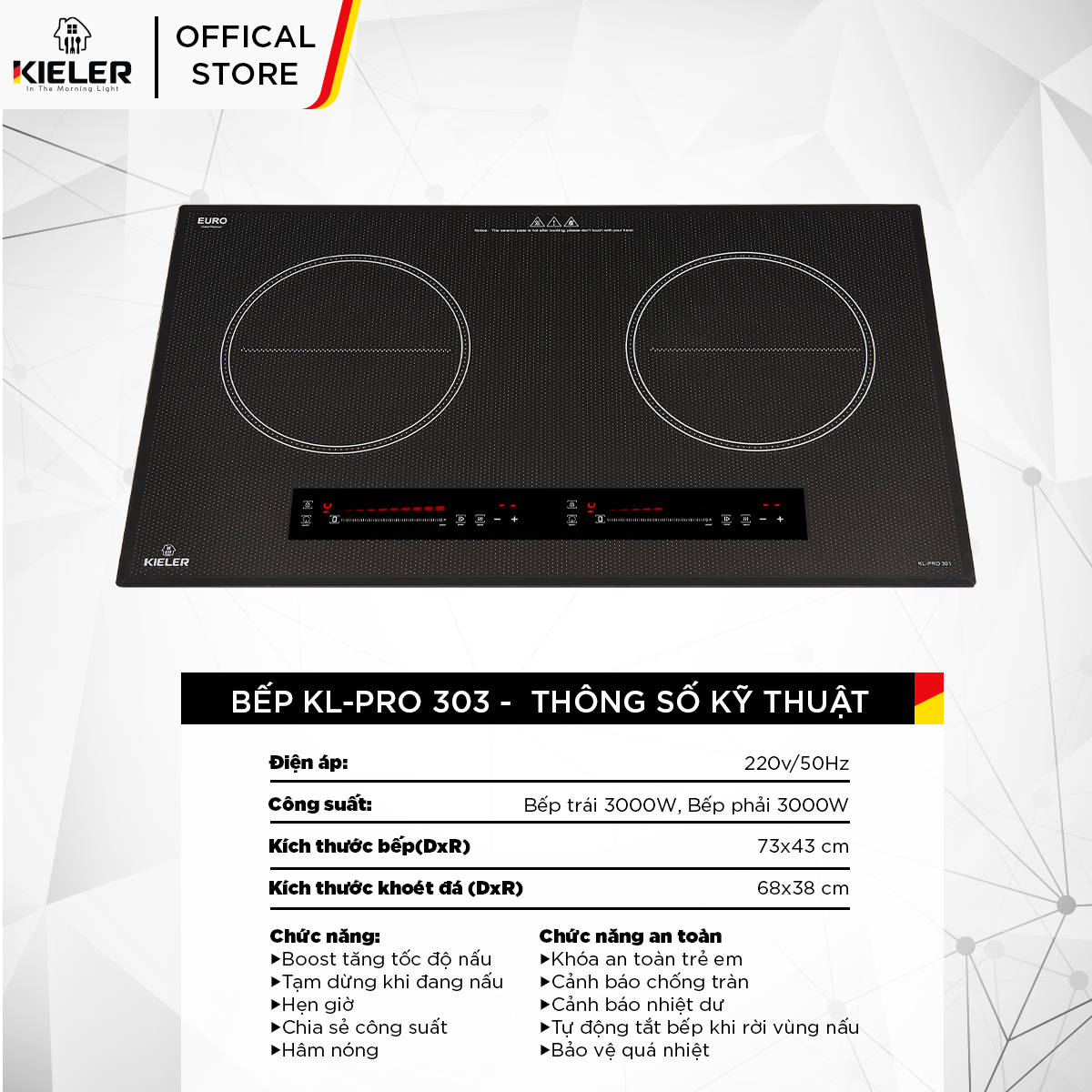 Bếp đôi điện từ KIELER KL-PRO303 mặt kính Euro Kieler Platinum, Bếp điện từ 3000W công nghệ Inverter tiết kiệm điện - Hàng Chính Hãng