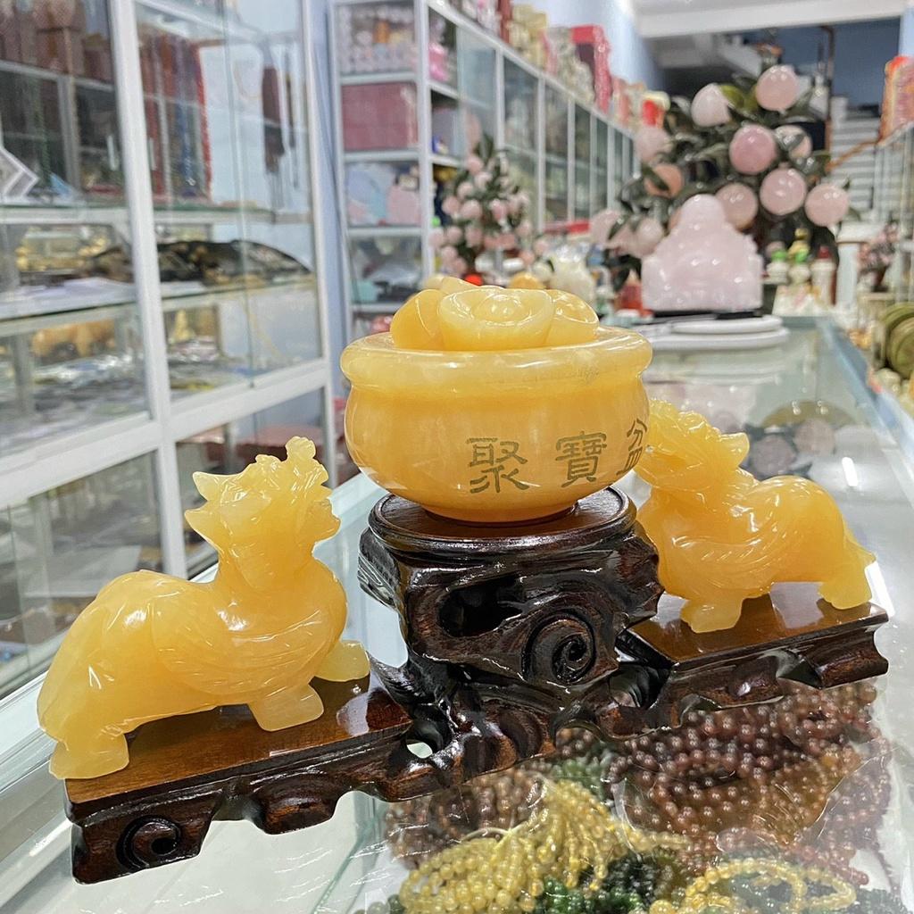 COMBO Tỳ Hưu Phong Thủy 10cm + Bát Tụ Bảo Phong Thủy 10cm Đá Ngọc Hoàng Long Có Đế Cực Đẹp