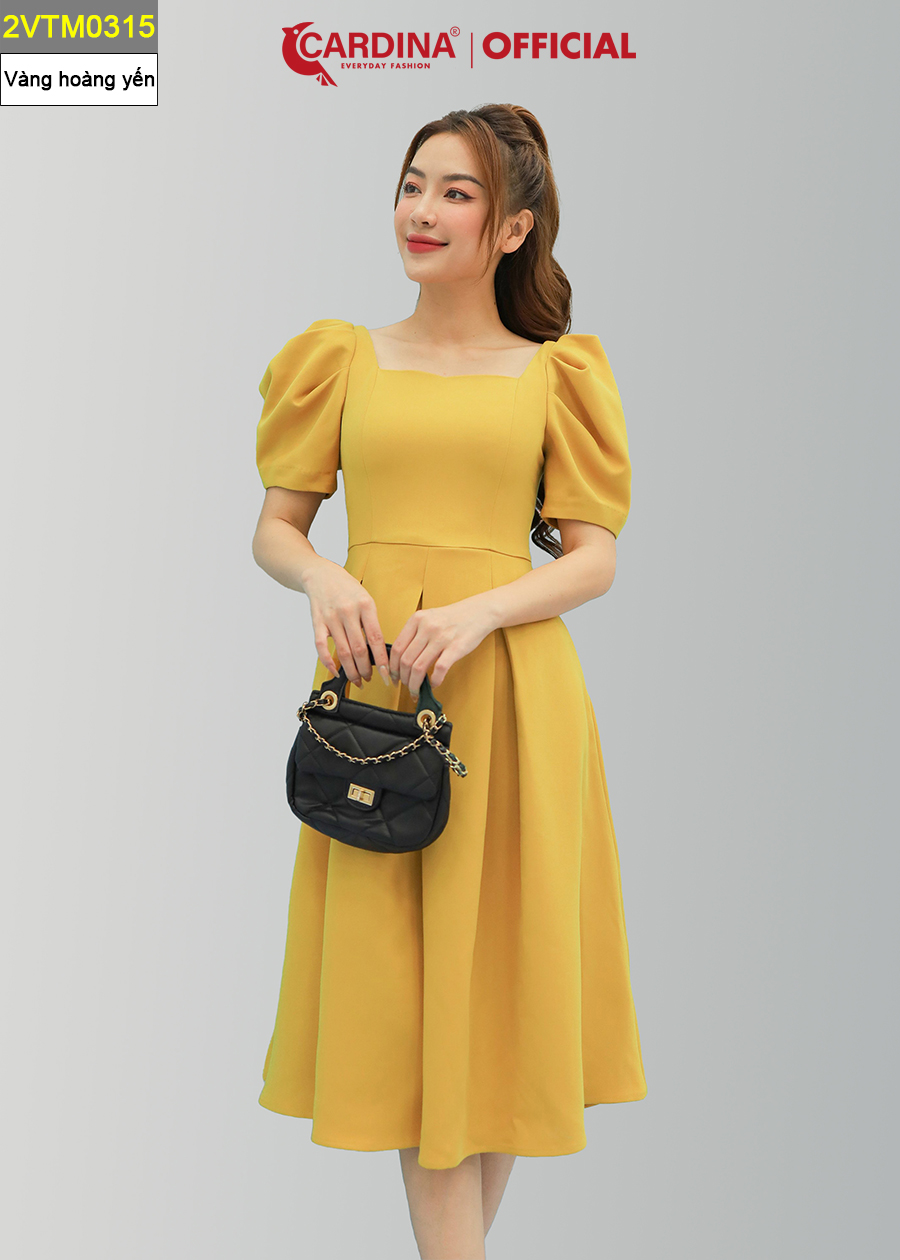 Đầm Nữ CARDINA Chất Tuyết Mưa Cao Cấp Xếp Ly Dáng Xòe Chữ A Cổ Vuông Tay Bồng Tôn Dáng Sang Trọng 2VTM03