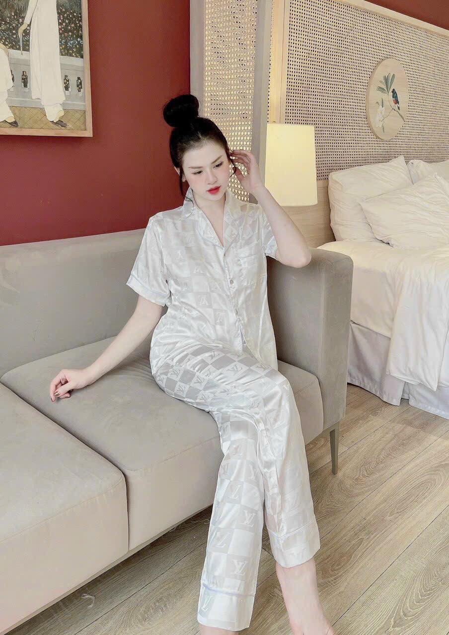 Đồ bộ nữ Gấm LV siêu đẹp hàng đẹp - Đồ ngủ, đồ nữ, đồ mặc ở nhà - Set đồ bộ tay dài cao cấp dưới 58kg đồ bộ pijama