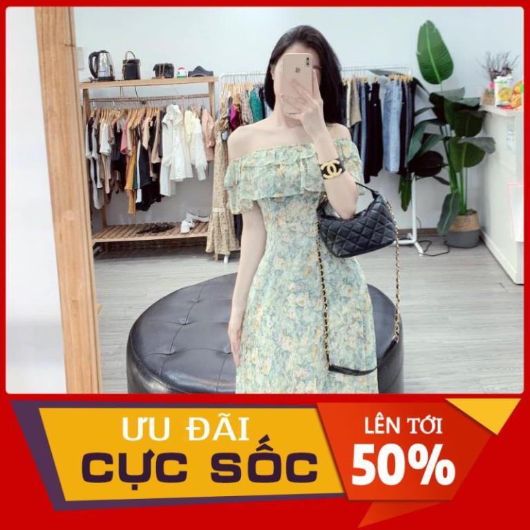 VÁY HOA XANH VOAN TRỄ VAI BÈO TẦNG 2 LỚP