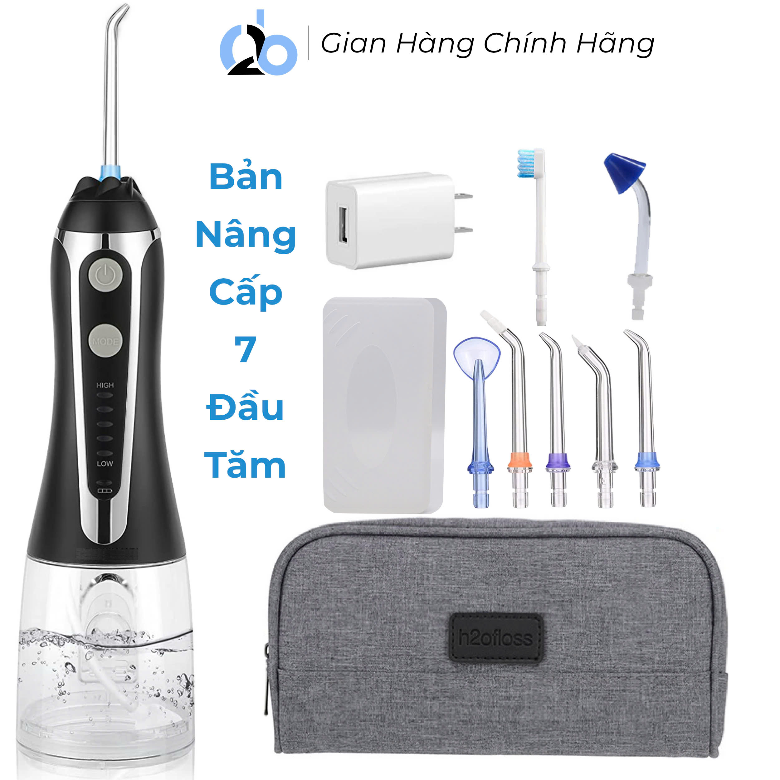 Tăm Nước Cầm Tay H2Ofloss Hf - 2 Phiên Bản Nâng Cấp Được Phân Phối Độc Quyền Với Nút Mở Bình Nước Tiện Lợi, Tặng Kèm 7 Đầu Tăm, Củ Sạc Nguồn Thấp - Hf - 2 Đen
