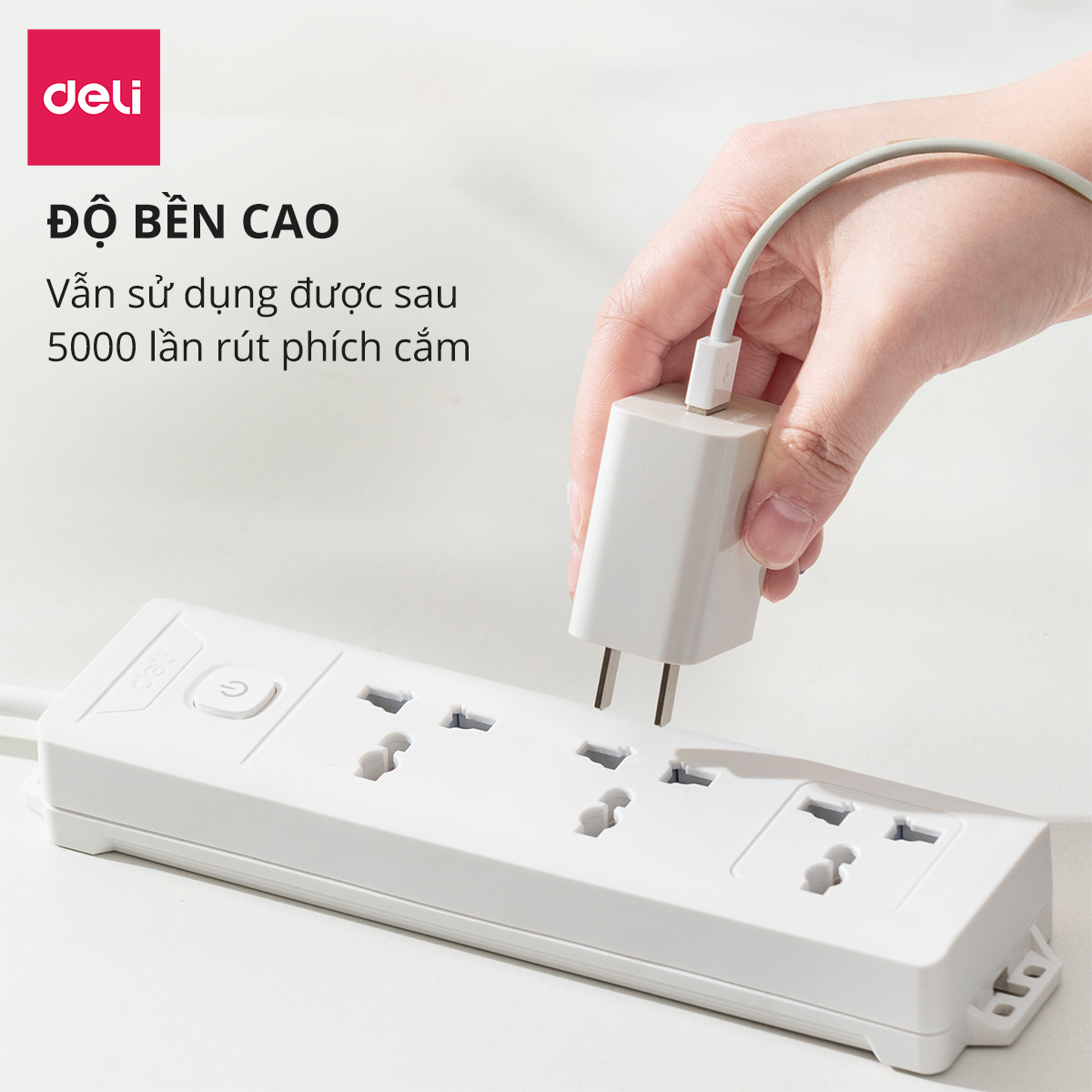 Ổ Cắm Điện Đa Năng Kèm Cổng USB Có Công Tắc Tải 2500W Nắp Chống Giật Chống Cháy Chất Lượng Cao Deli - Dây 2M/3M/5M - ET401 411