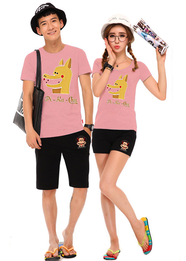 Bộ Áo Thun Đôi Nam Nữ Pikalong Màu Hồng Ruốc