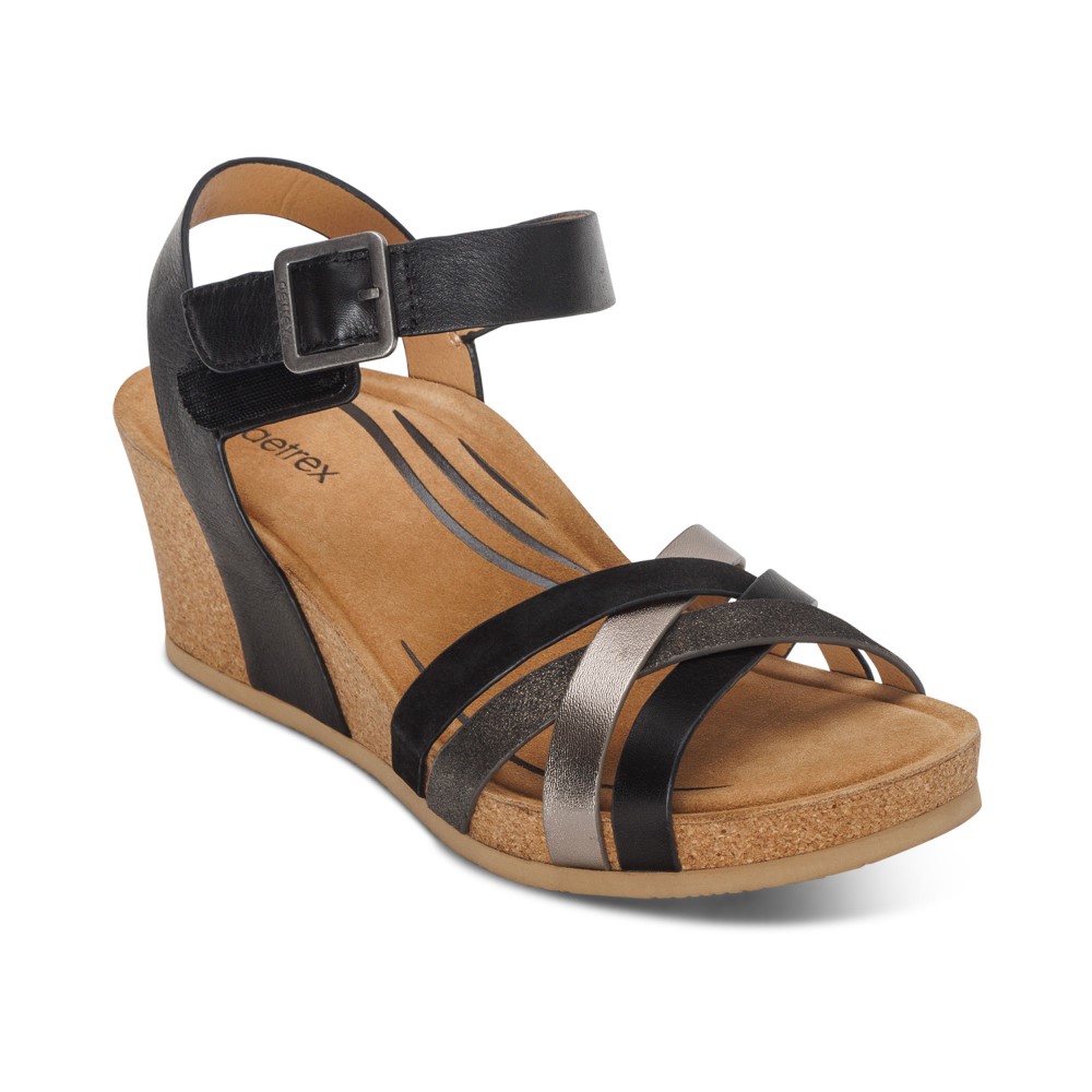 Sandal sức khoẻ nữ Aetrex Noelle Black - giày cao gót 5p đệm da, nâng vòm giảm đau chân