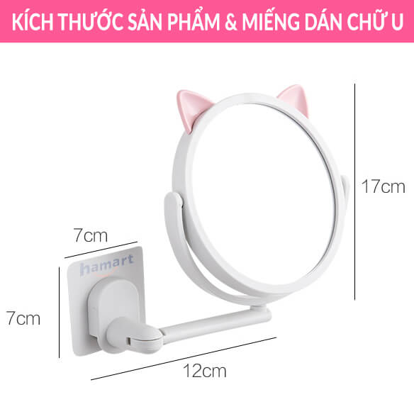 Gương Trang Điểm Treo Tường Tai Mèo Hamart Gương Tròn Mini Dán Tường Nhà Tắm Xoay 360°