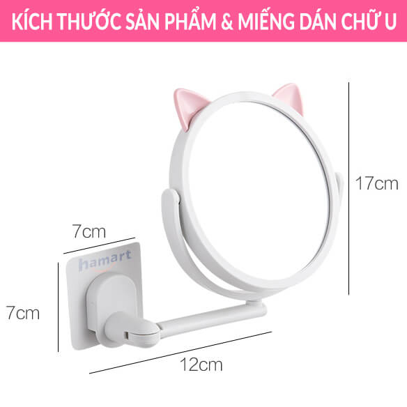 Gương Trang Điểm Treo Tường Tai Mèo Hamart Gương Tròn Mini Dán Tường Nhà Tắm Xoay 360