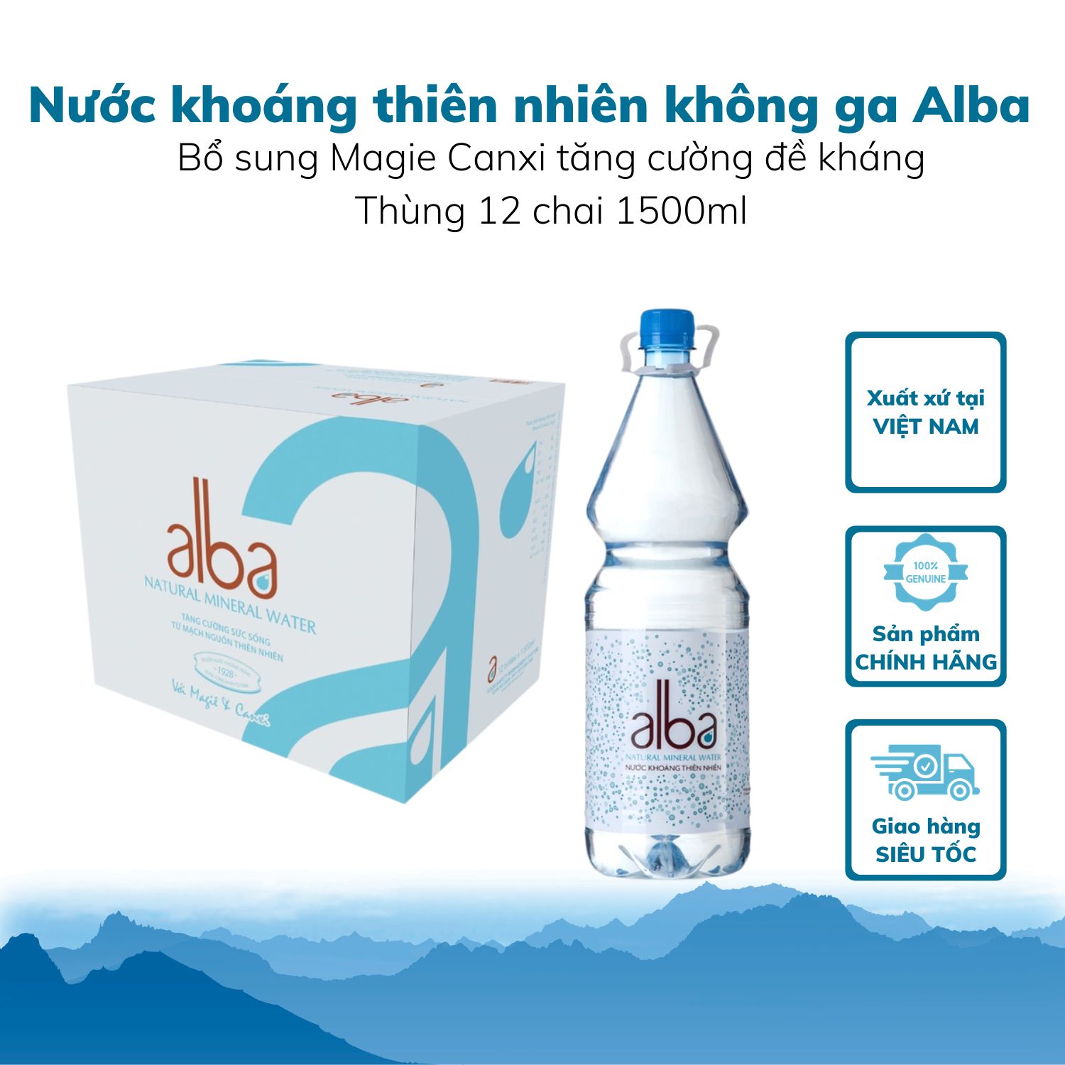 Thùng 12 chai Nước khoáng thiên nhiên ALBA không gas PET 1500ml