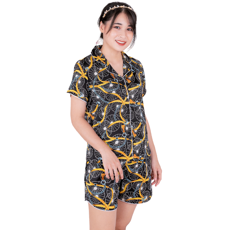 Bộ Đồ Pijama Nữ, đồ bộ Mặc Nhà Quần đùi tay cộc VILADY B153 Chất liệu Lụa Pháp cao cấp Họa tiết lạ mắt