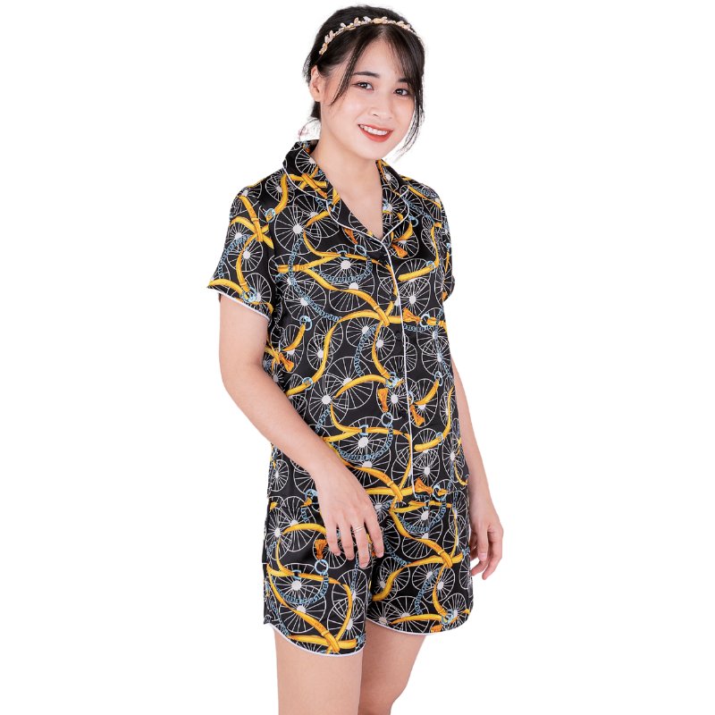 Bộ Đồ Pijama Nữ, đồ bộ Mặc Nhà Quần đùi tay cộc VILADY B153 Chất liệu Lụa Pháp (Lụa Latin) cao cấp Họa tiết lạ mắt