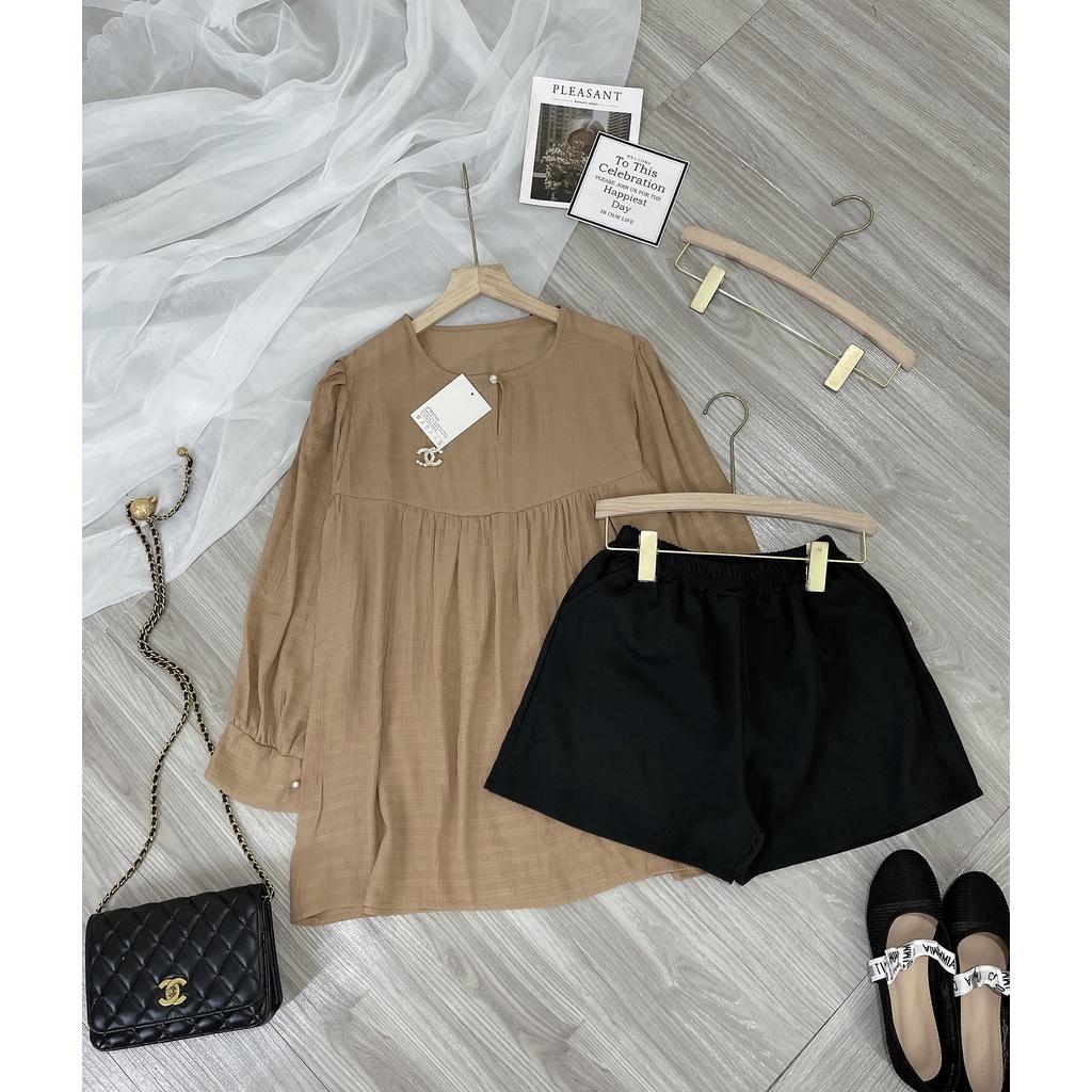 Sét áo babydoll thụng nâu xoè mix quần sooc đen trơn