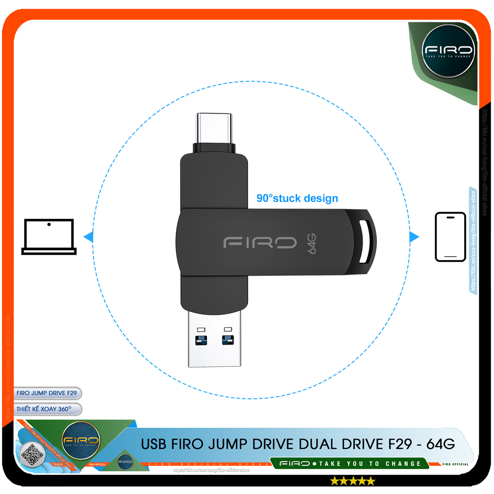 USB FIRO Jump Drive Dual Drive F29 - USB 3.1 32GB / 64GB Đầu Nối Kép Với 2 Cổng USB Type-C Và USB Type-A - Tương Thích MAC / PC Chuẩn Giao Tiếp USB 3.0 Và 2.0 - Tốc Độ Đọc 130Mb/s- Hàng Chính Hãng