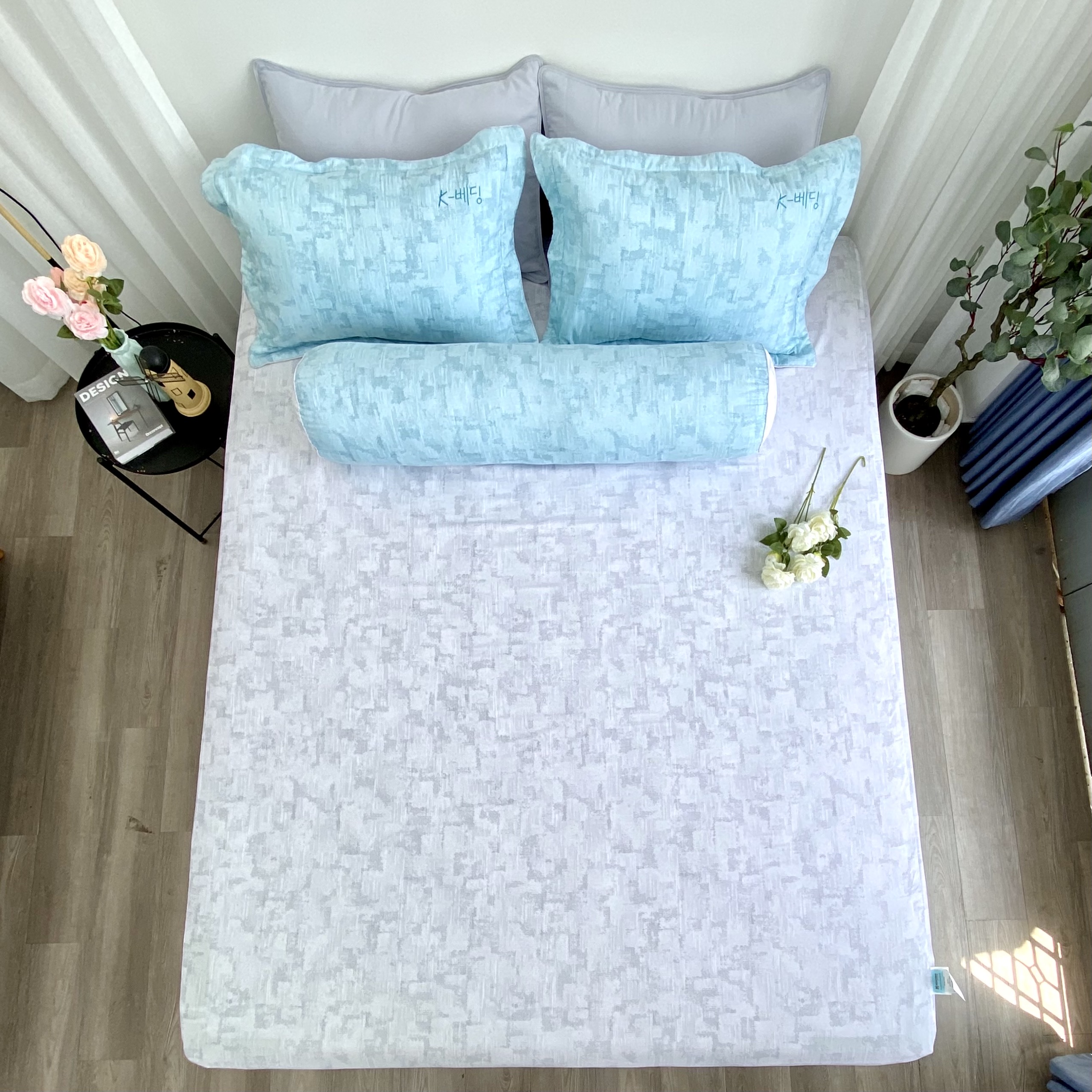 Bộ ga giường  KBedding by Everon KMTP 114 Microtencel Xám phối xanh (4 món)