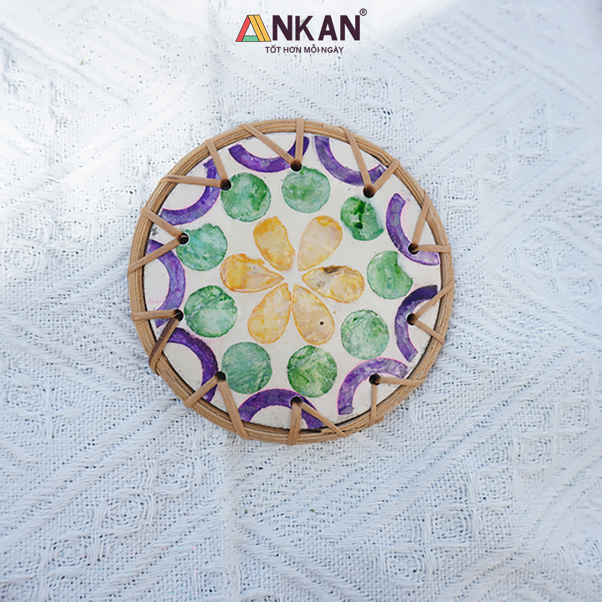 Đế Lót Ly Mây Khảm Trai Tròn ANKAN (10cm) - Lót Cốc Thủ Công Mỹ Nghệ Decor Bàn Ăn, Chụp Ảnh Sang Trọng - Hàng Xuất Khẩu