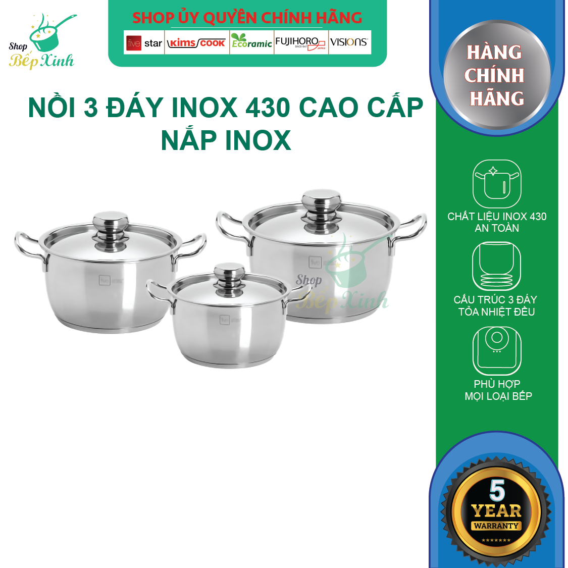 Bộ nồi inox Fivestar 3 chiếc inox 430 nắp inox , 3 đáy dùng được bếp từ , hồng ngoại , gas - tặng 1 vá canh