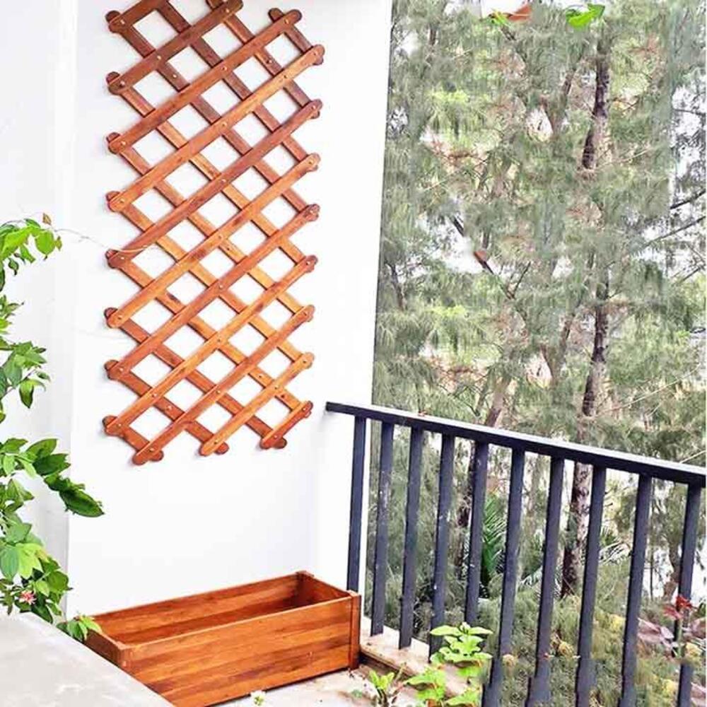 COMBO Khung giàn gỗ Caro C180cm &amp; chậu gỗ chữ nhật D85cm GREENHOME-Trang trí sân vườn, trồng cây dây leo-chống mối mọt, chịu được mọi thời tiết