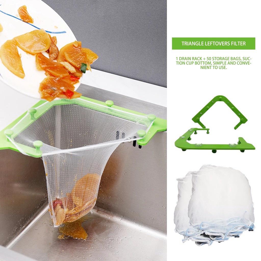 Set 50 Túi Lọc Thức Ăn Thừa Kèm Khung Tam Giác Treo Bồ Rửa Chén Tiện Lợi