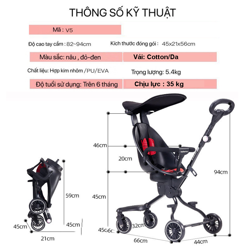 Xe Đẩy Thông Minh 4 Bánh Gấp Gọn Cho Bé V5-B Đảo Chiều, Có Mái Che Nắng - TẶNG KÈM BỘ THẺ HỌC THÔNG MINH 16 CHỦ ĐỀ 416 THẺ CHO BÉ, Xe Đẩy Cho Bé, Xe Đẩy Trẻ Em, Xe Đẩy Du Lịch