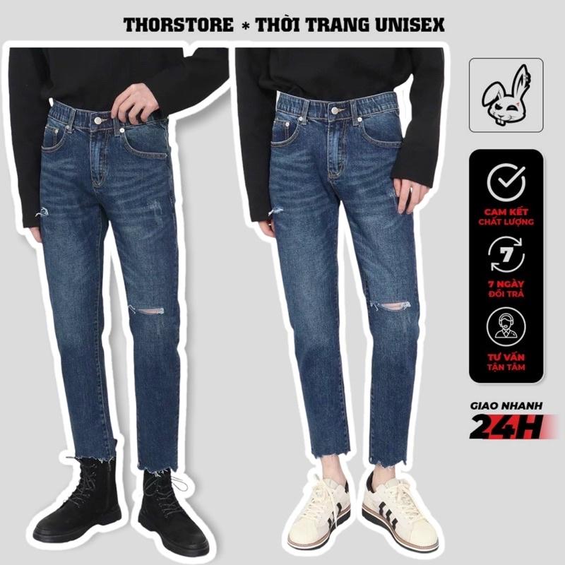 Quần jean nam nữ,thiết kế trơn rách đùi J 010
