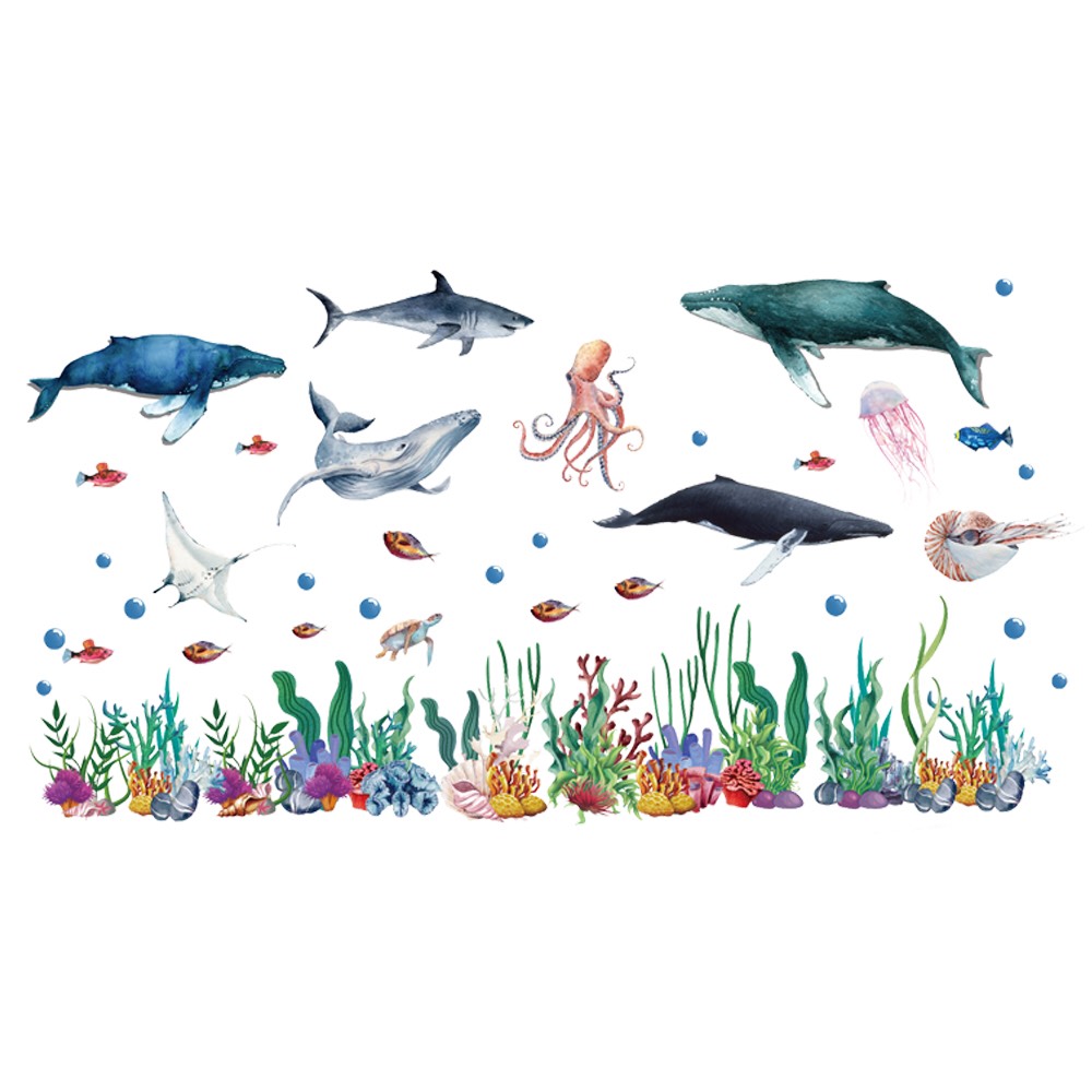 Decal trang trí tường - Đàn cá voi xanh