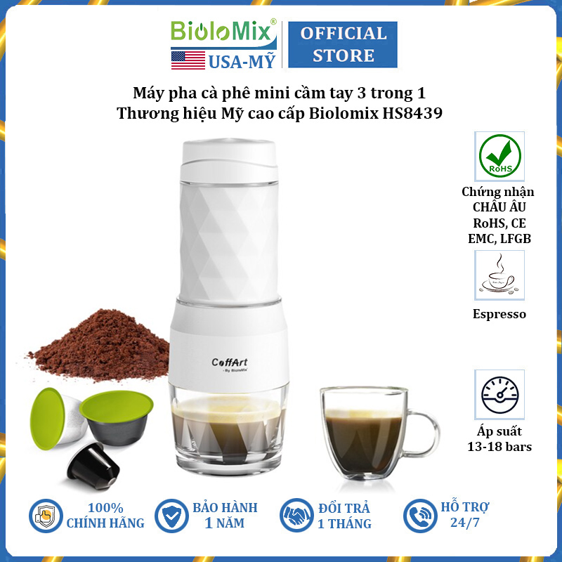 Máy pha cà phê cầm tay sử dụng viên nén Nespresso, Dolce-Gust, bột cà phê Biolomix HS8439 - Hàng Chính Hãng - Màu trắng