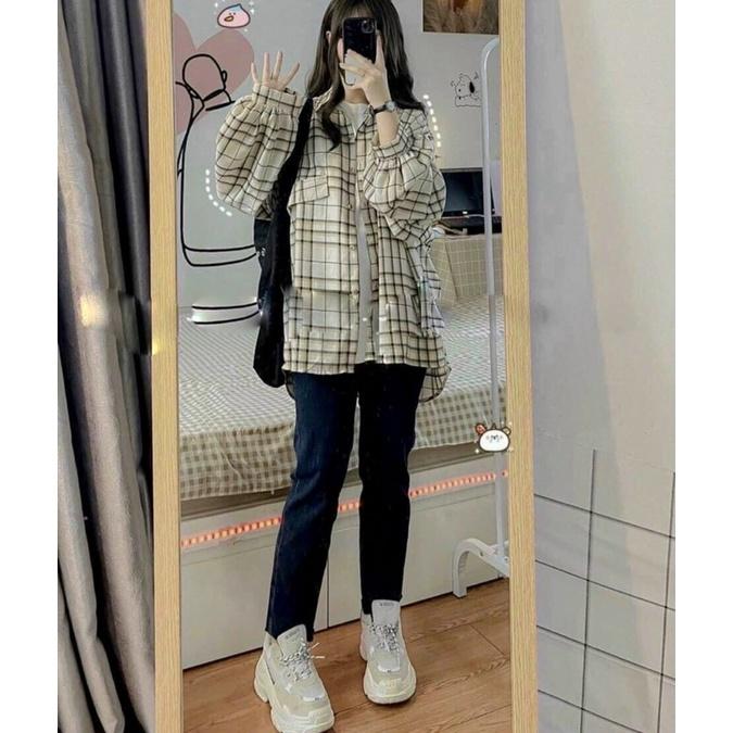 Áo sơ mi caro cánh dơi form rộng oversize túi lệch nắp 4 màu Lovi