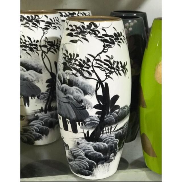 Lọ bom sơn mài gốm sứ Bát Tràng vẽ cảnh quê đen trắng